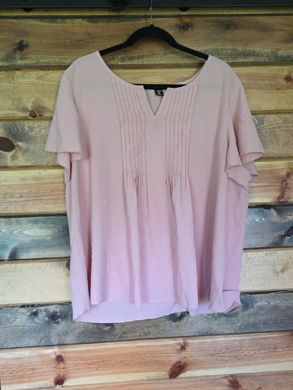 SHEIN Light Pink Pintuck V-Notch Flutter Sleeve Blouse
